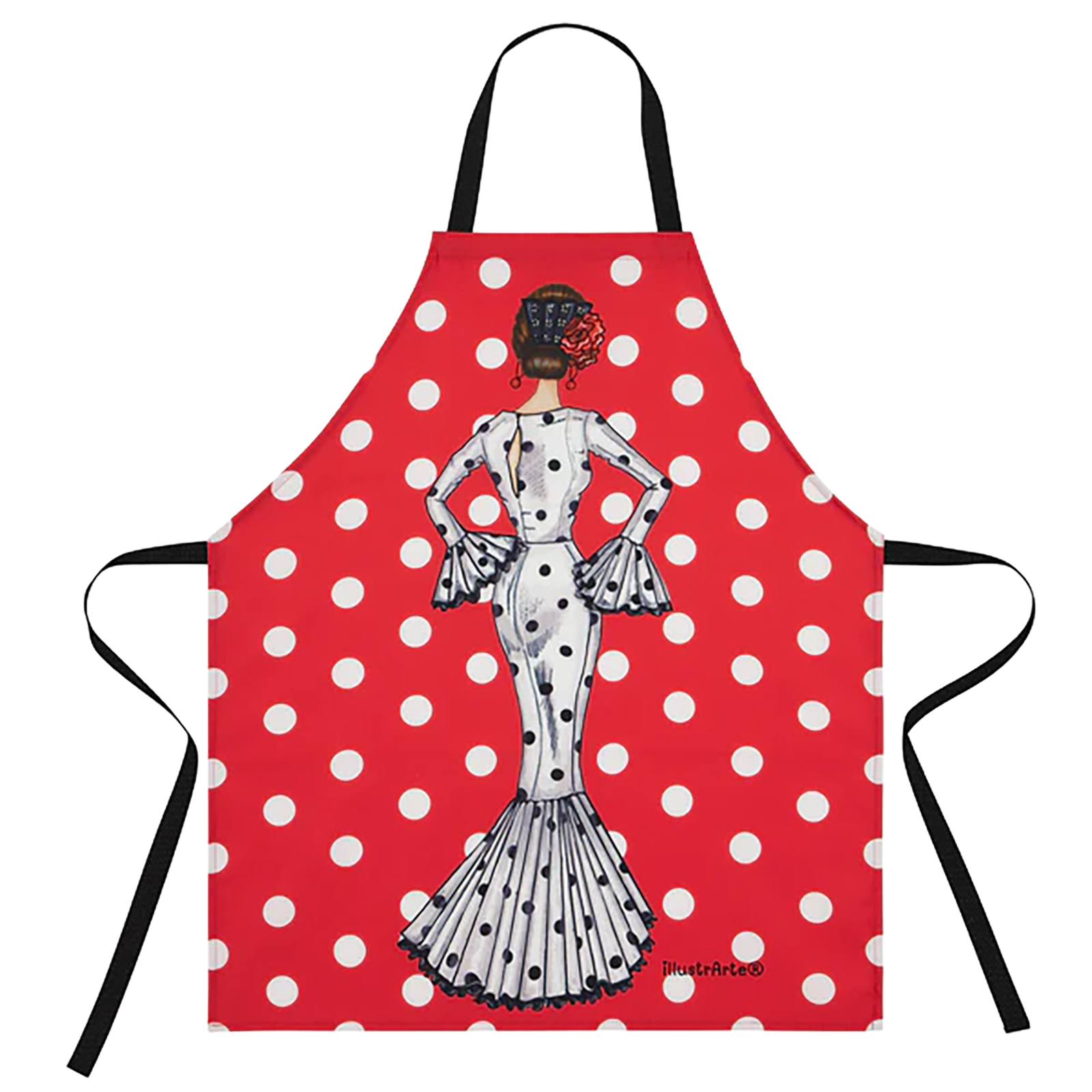Delantal Flamenco “María Blanco” – Vestido Blanco con Lunares Negros sobre Fondo Rojo