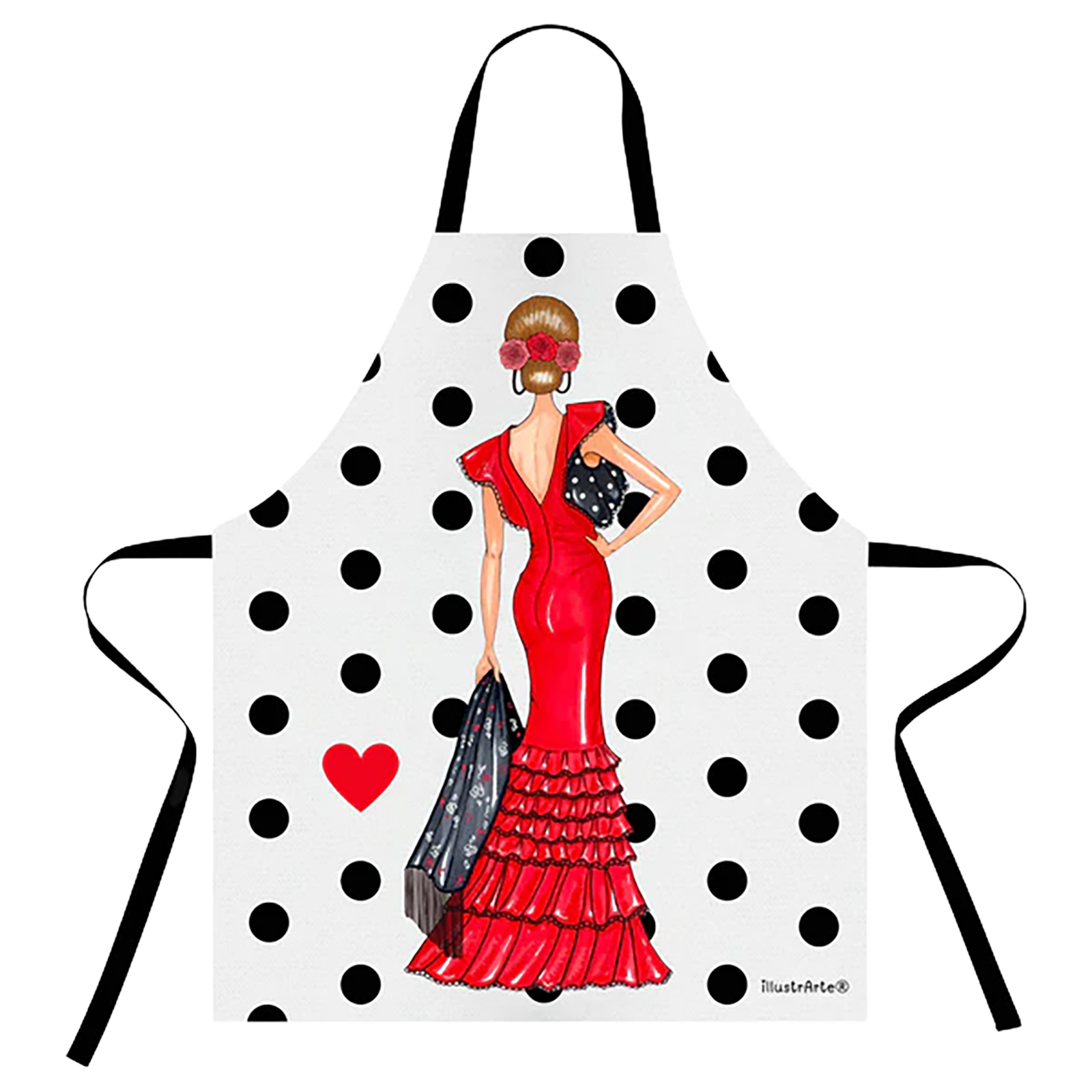 Delantal Flamenco “Manuela” – Vestido Rojo sobre Fondo Blanco con Lunares Negros