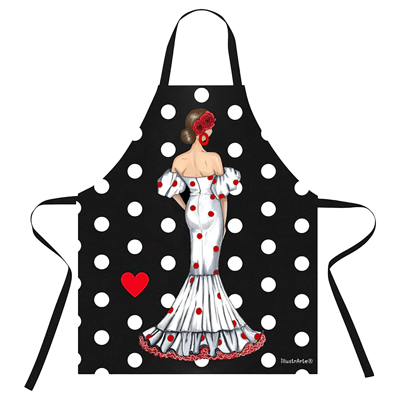 Delantal Flamenco “Maite” – Vestido Blanco con Lunares Rojos sobre Fondo Negro